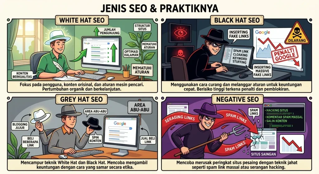 Etika SEO: Perbedaan White Hat, Grey Hat, Black Hat, dan Negative SEO memahami etika seo: white hat, black hat, grey hat dan negative seo
