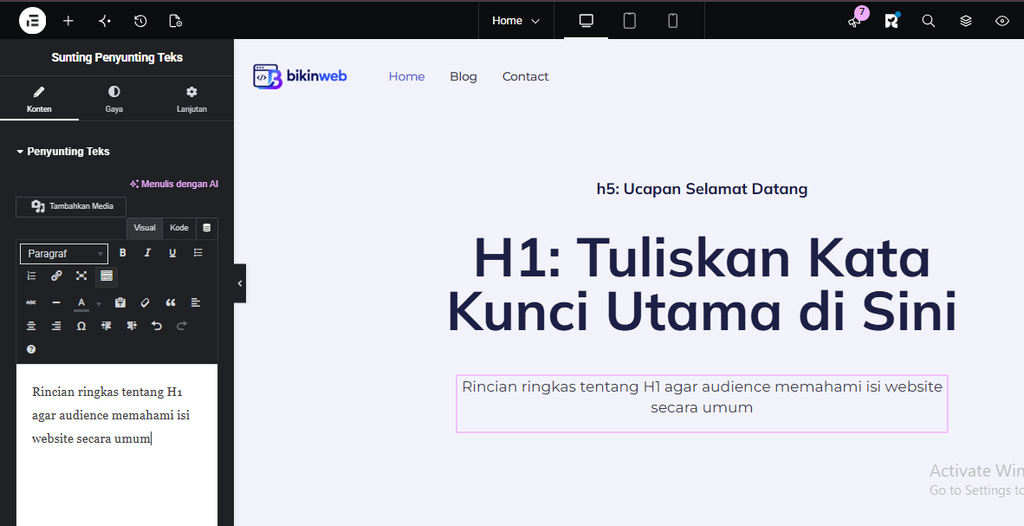 Membuat Hero Section Wordpress dengan Elementor struktur hero section h2